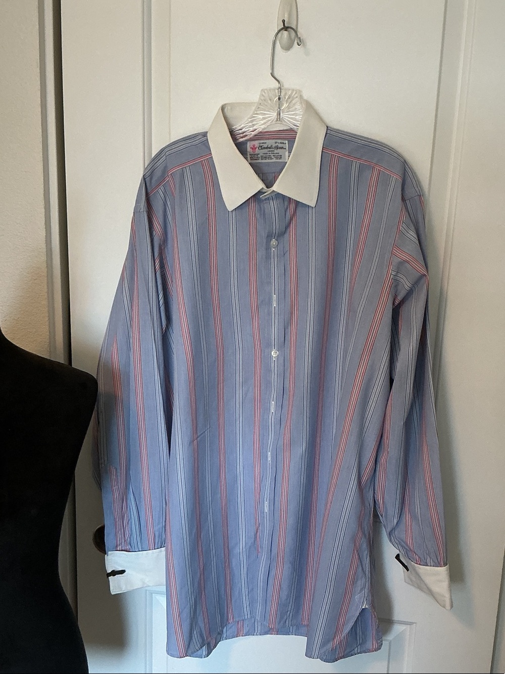 Turnbull & Asser Men's Blue Stripe Dress Shirt with White Contrast Collar 17.5